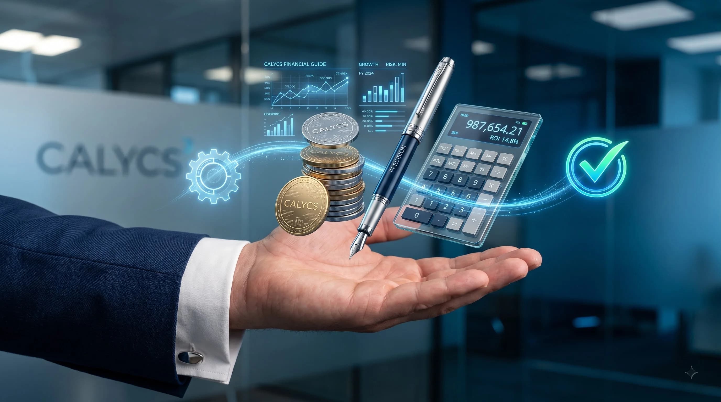 An open hand with a floating Calycs-branded display of coins, a calculator, charts and a pen.